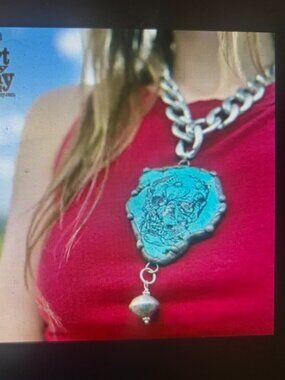 Amy Labbe Skully Tarq Hand Made Turquoise Slab Chunky Sugar Skull Necklace NWT